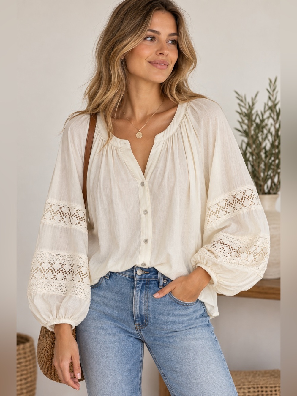 Aerie Ivory Cotton Crochet Lace Balloon Sleeve Boho Blouse Top M